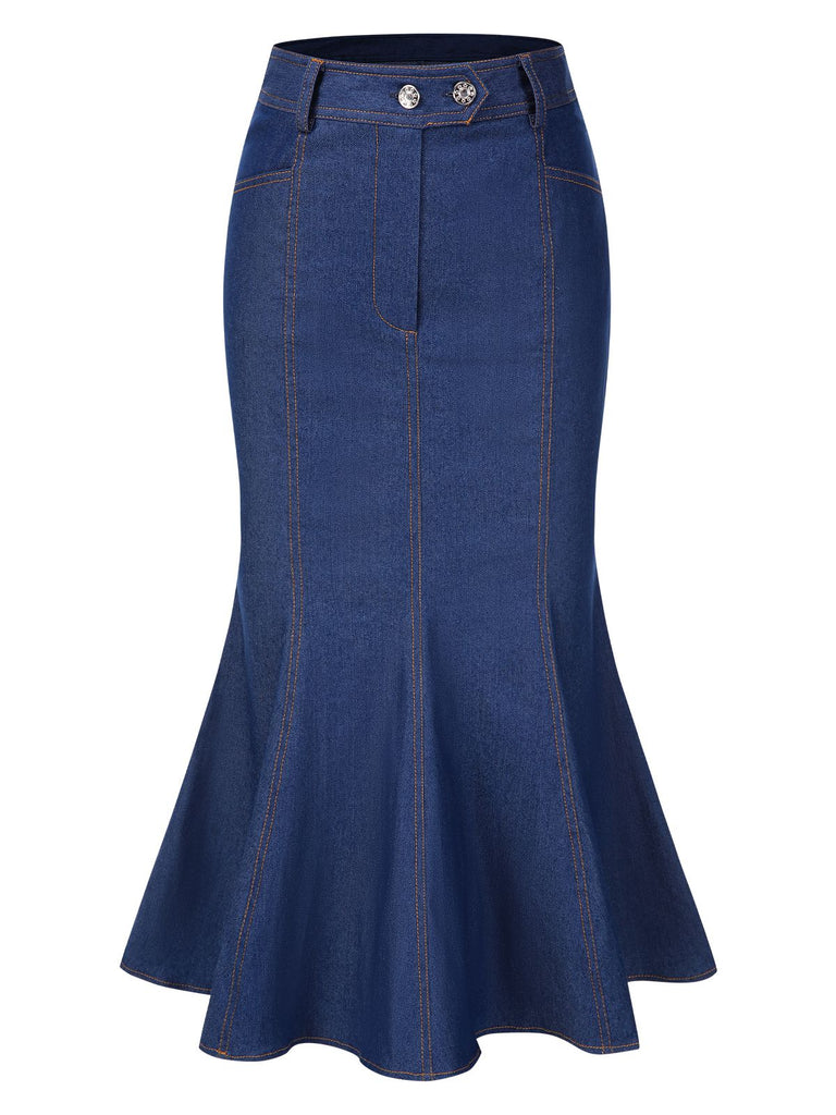 [Prévente] Jupe queue de poisson bleue en denim de coton années 40