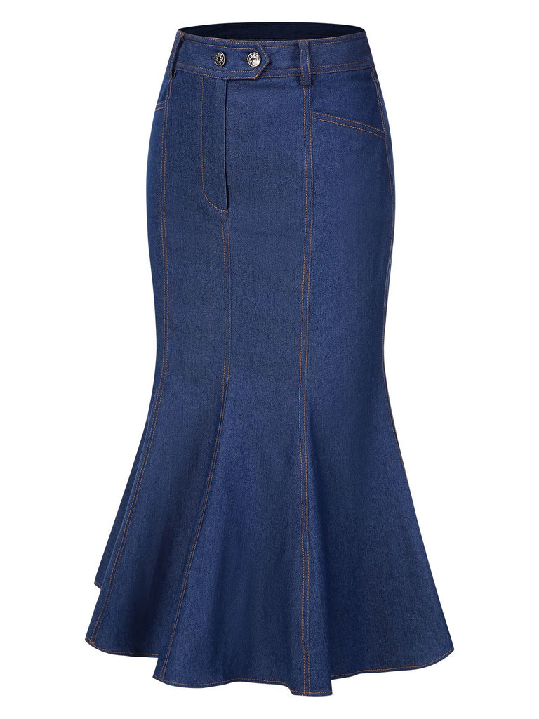 [Prévente] Jupe queue de poisson bleue en denim de coton années 40