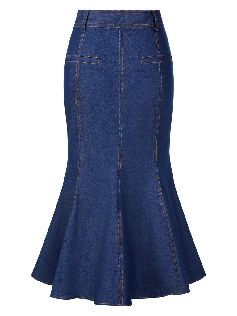 [Prévente] Jupe queue de poisson bleue en denim de coton années 40