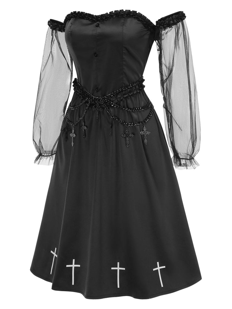 [Pré-vente] Robe noire en maille épaules dénudées à volants croisés style gothique années 1950