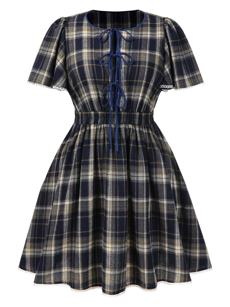 [Prévente] [Grande taille] Robe bleue à carreaux à lacets années 40