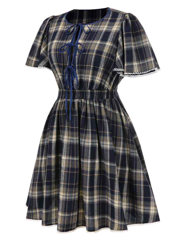 [Prévente] [Grande taille] Robe bleue à carreaux à lacets années 40