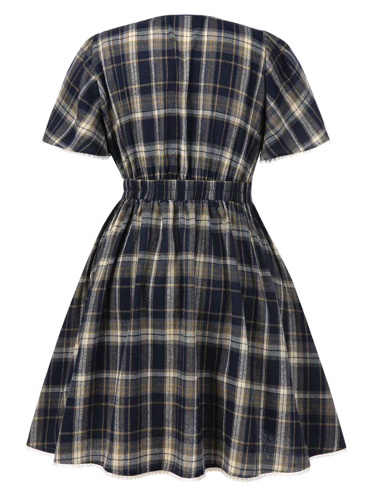 [Prévente] [Grande taille] Robe bleue à carreaux à lacets années 40