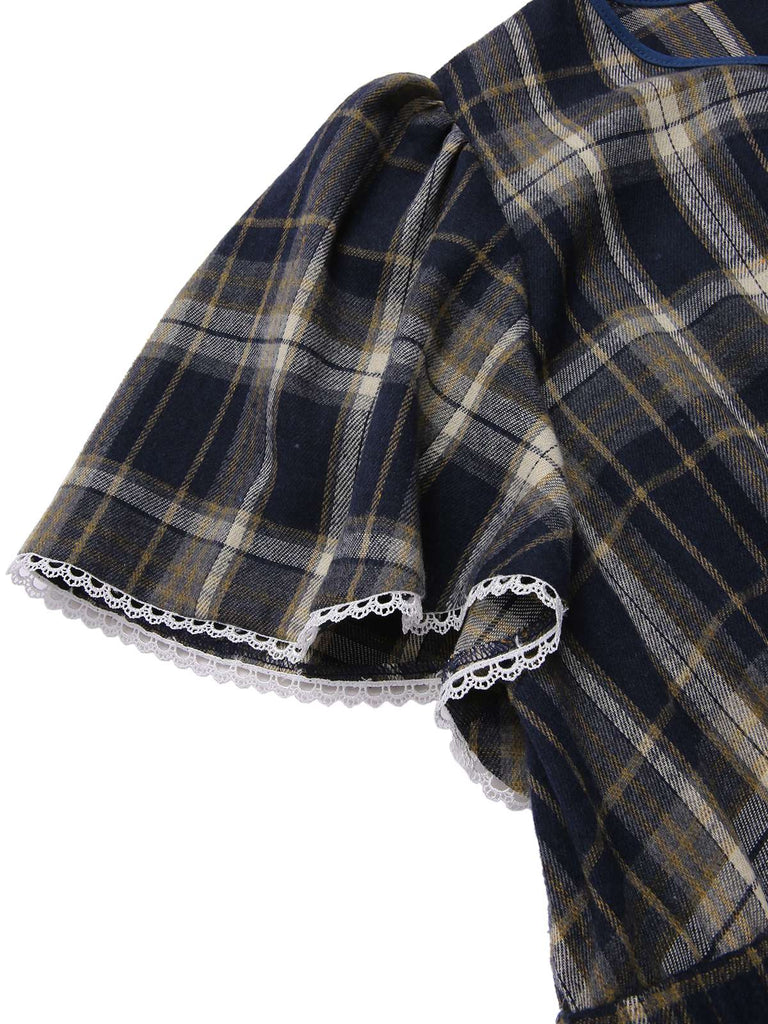 [Prévente] [Grande taille] Robe bleue à carreaux à lacets années 40