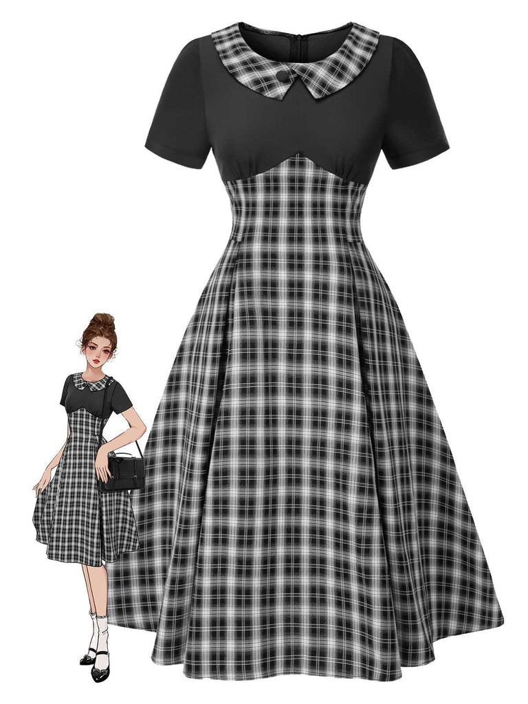 [Pré-vente] Robe patchwork plissée à carreaux noire des années 1950