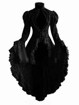 Robe victorienne noire en dentelle à manches gigot des années 1980