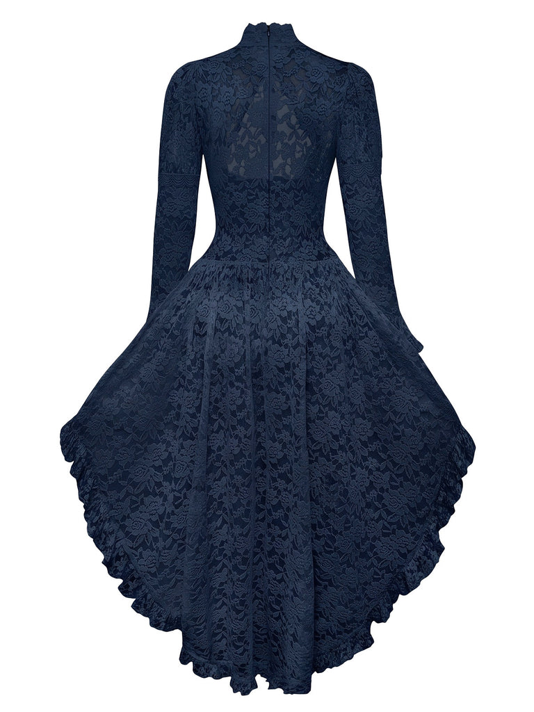 Robe victorienne noire en dentelle à manches gigot des années 1980