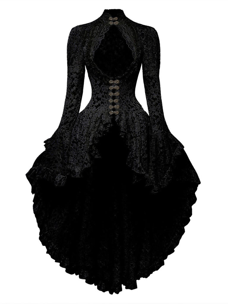 Robe victorienne noire en dentelle à manches gigot Halloween années 1980