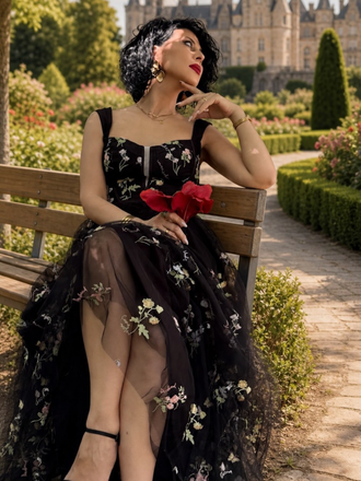 Robe maille florale lacets baleines noire 1930s