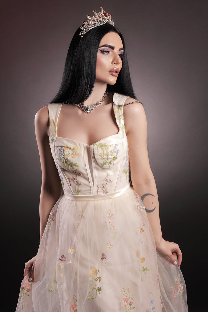 Robe en maille florale à lacets et baleines des années 1930