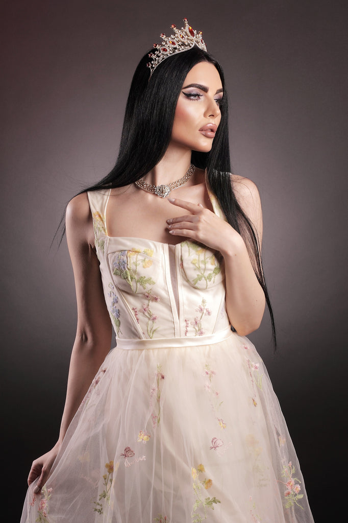 Robe en maille florale à lacets et baleines des années 1930