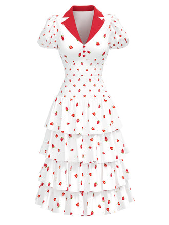 [Prévente] Robe fraise à volants manches bouffantes blanche rouge des années 1940