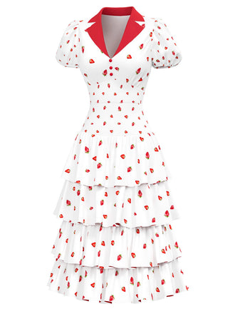[Prévente] Robe fraise à volants manches bouffantes blanche rouge des années 1940