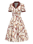 [Prévente] Robe marron imprimé chaînes col cranté des années 1940