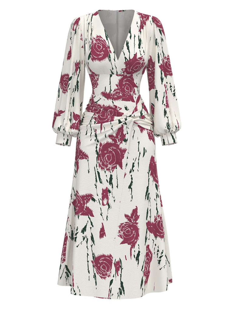 [Prévente] Robe blanche roses à manches bouffantes années 1930