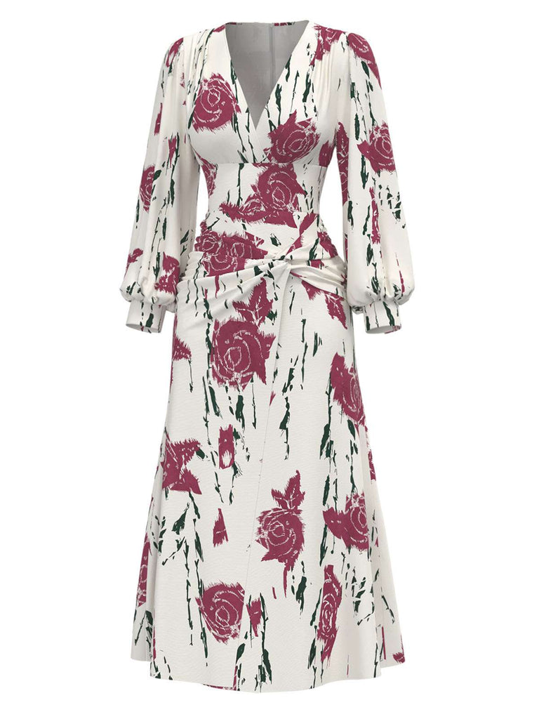 [Prévente] Robe blanche roses à manches bouffantes années 1930