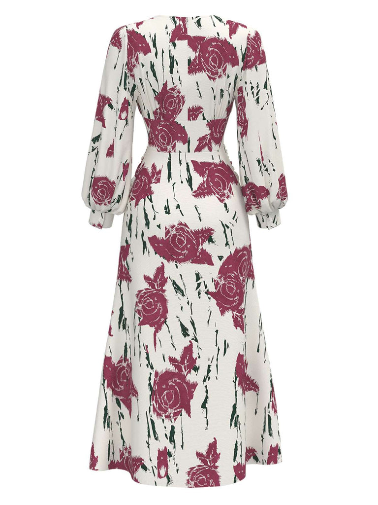 [Prévente] Robe blanche roses à manches bouffantes années 1930