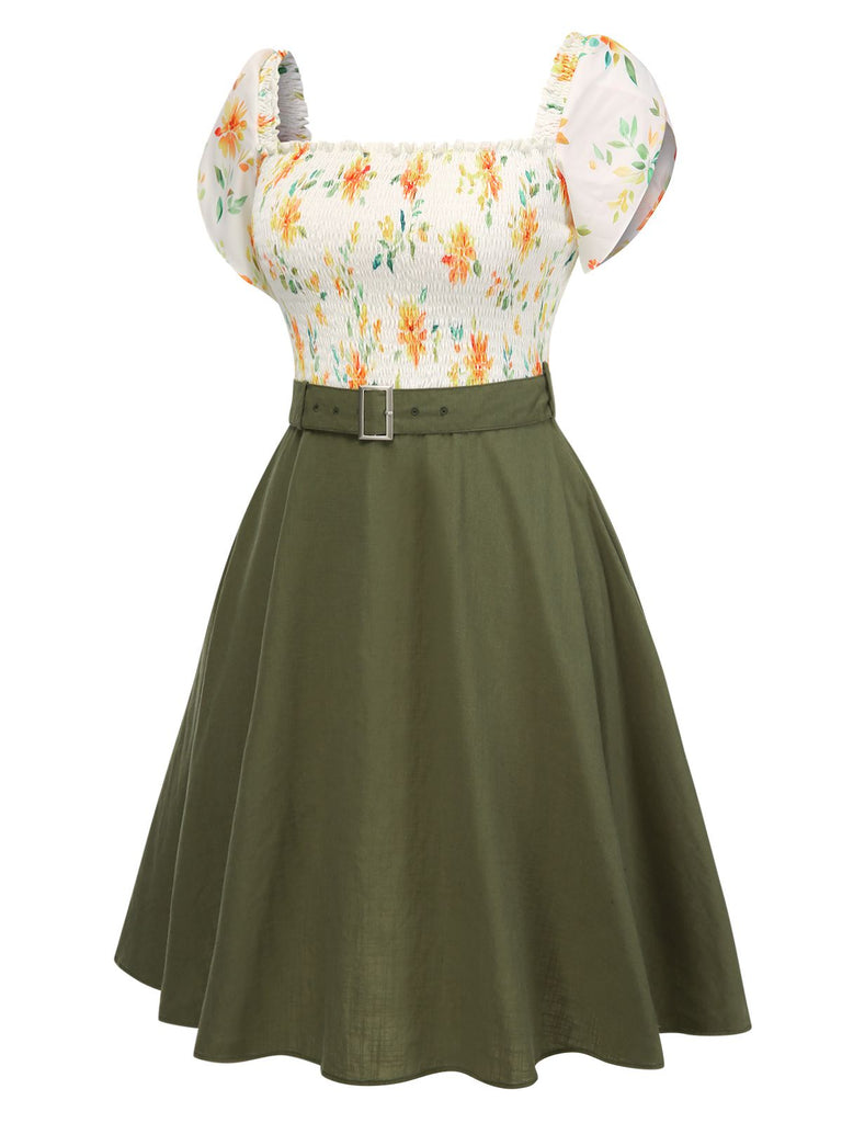[Prévente] [Grande taille] Robe vert militaire fleur ceinturée années 1950