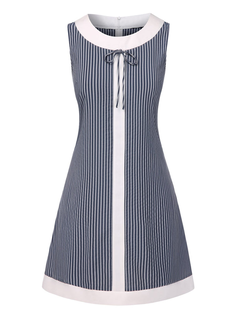 [Prévente] Robe trapèze bleu-gris à rayures et nœud années 1960