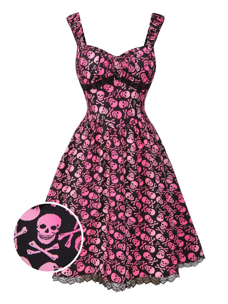 [Prévente] Robe patchwork en dentelle rose motif tête de mort pour des années 1950