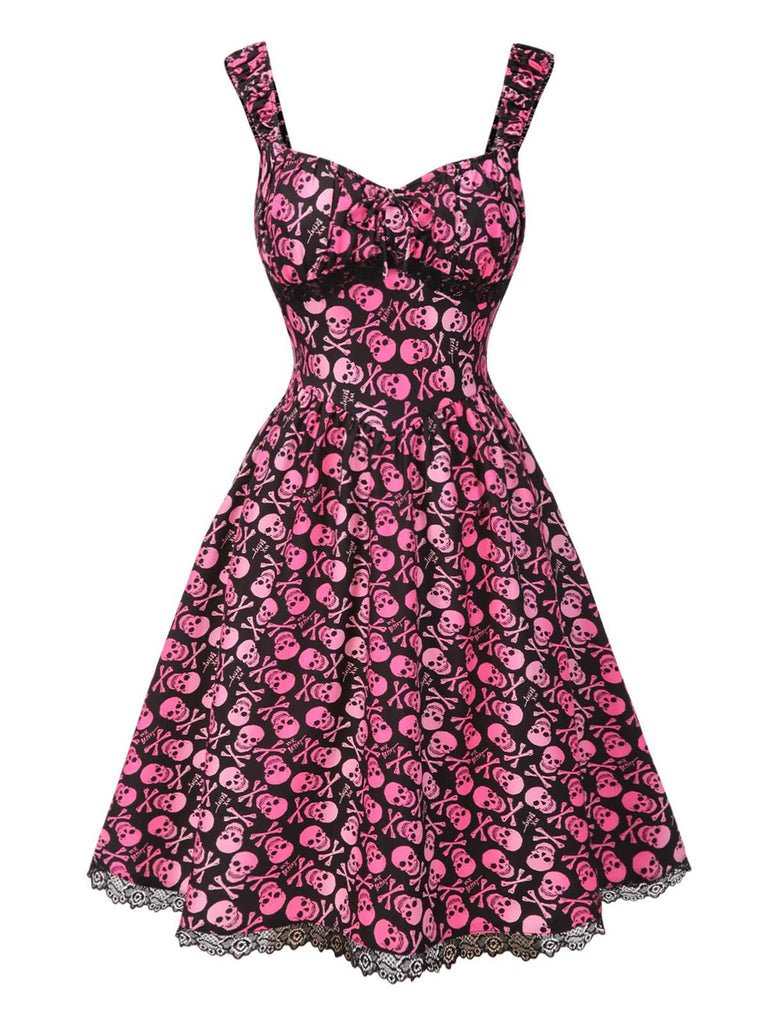 [Prévente] Robe patchwork en dentelle rose motif tête de mort pour des années 1950