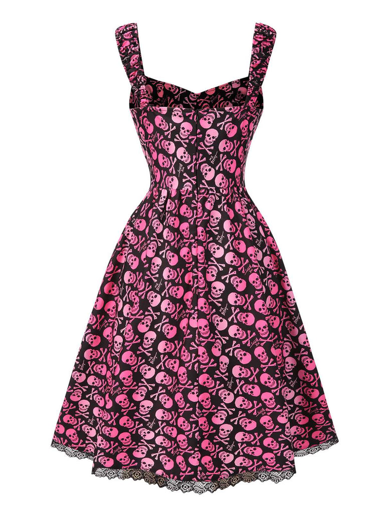 [Prévente] Robe patchwork en dentelle rose motif tête de mort pour des années 1950