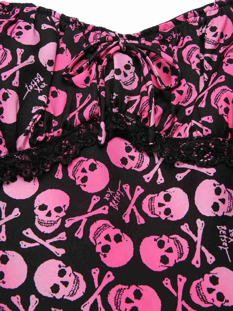 [Prévente] Robe patchwork en dentelle rose motif tête de mort pour des années 1950