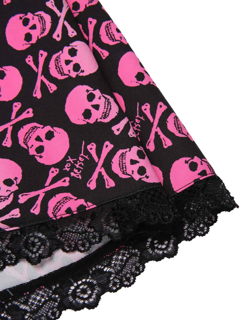 [Prévente] Robe patchwork en dentelle rose motif tête de mort pour des années 1950