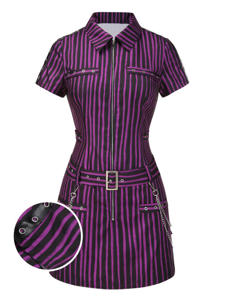 [Prévente] Mini-robe violette à rayures et ceinture style gothique des années 1940