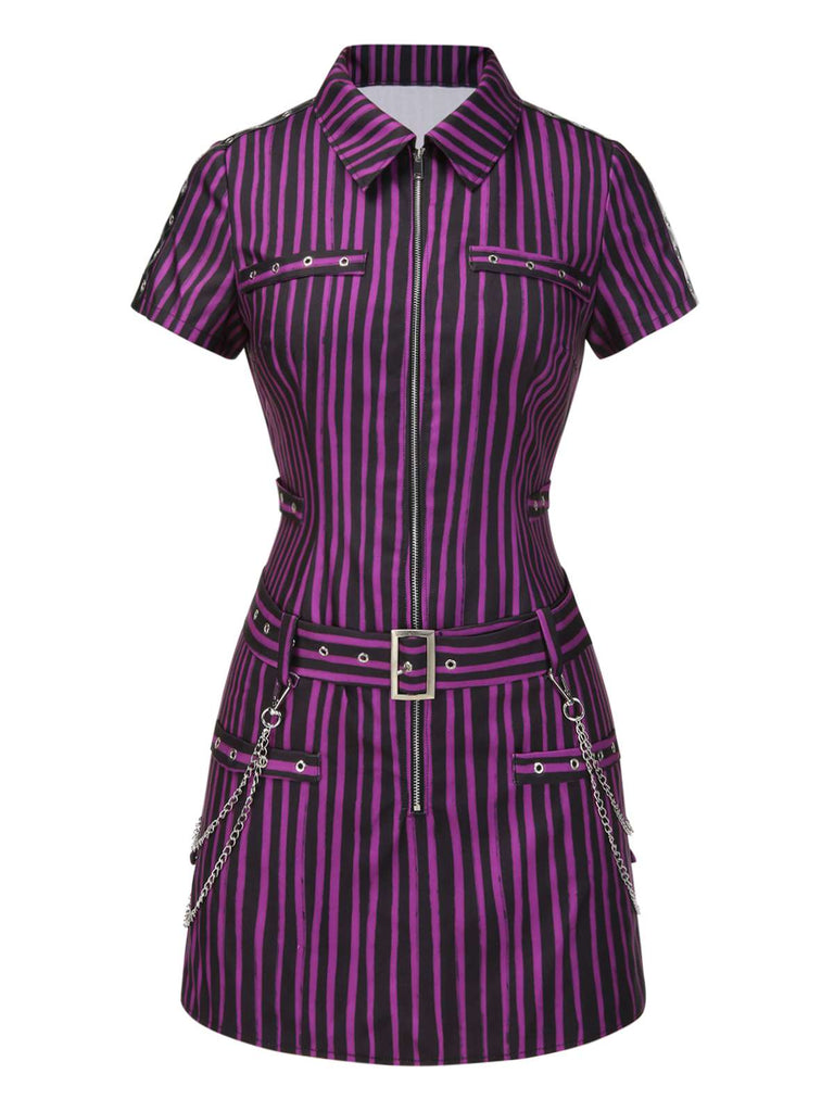 [Prévente] Mini-robe violette à rayures et ceinture style gothique des années 1940