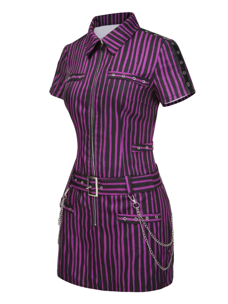 [Prévente] Mini-robe violette à rayures et ceinture style gothique des années 1940