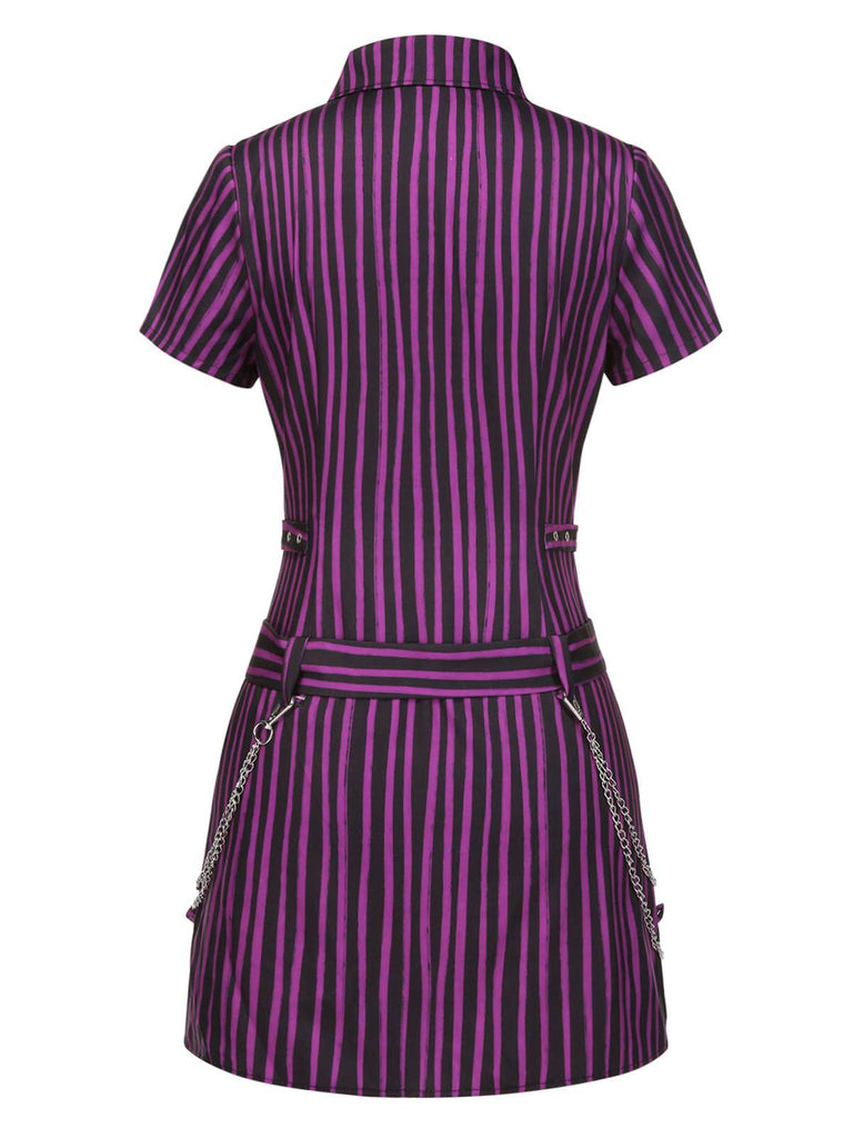[Prévente] Mini-robe violette à rayures et ceinture style gothique des années 1940