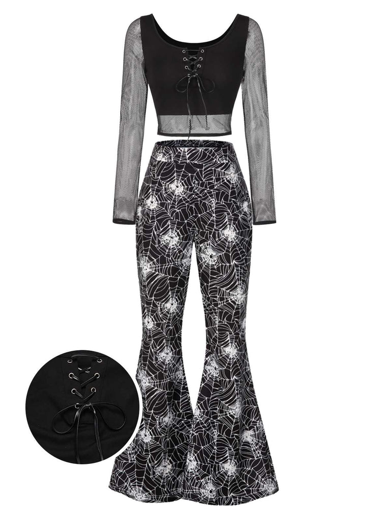 [Prévente] 2PCS Haut et pantalon évasé toile d'araignée Halloween années 60