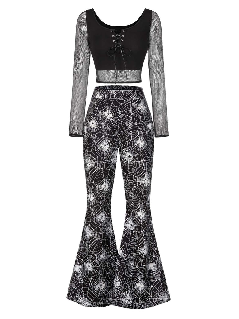 [Prévente] 2PCS Haut et pantalon évasé toile d'araignée Halloween années 60