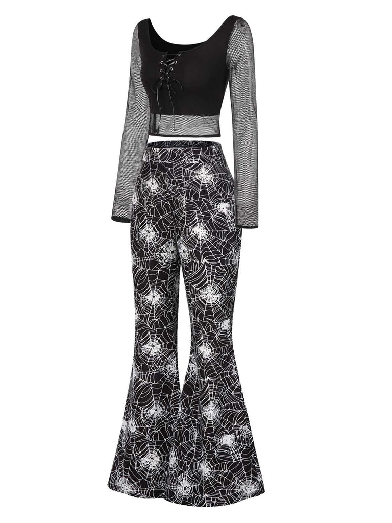 [Prévente] 2PCS Haut et pantalon évasé toile d'araignée Halloween années 60