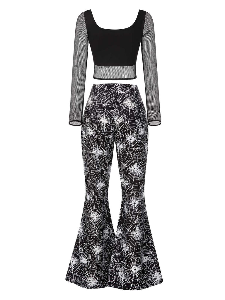 [Prévente] 2PCS Haut et pantalon évasé toile d'araignée Halloween années 60