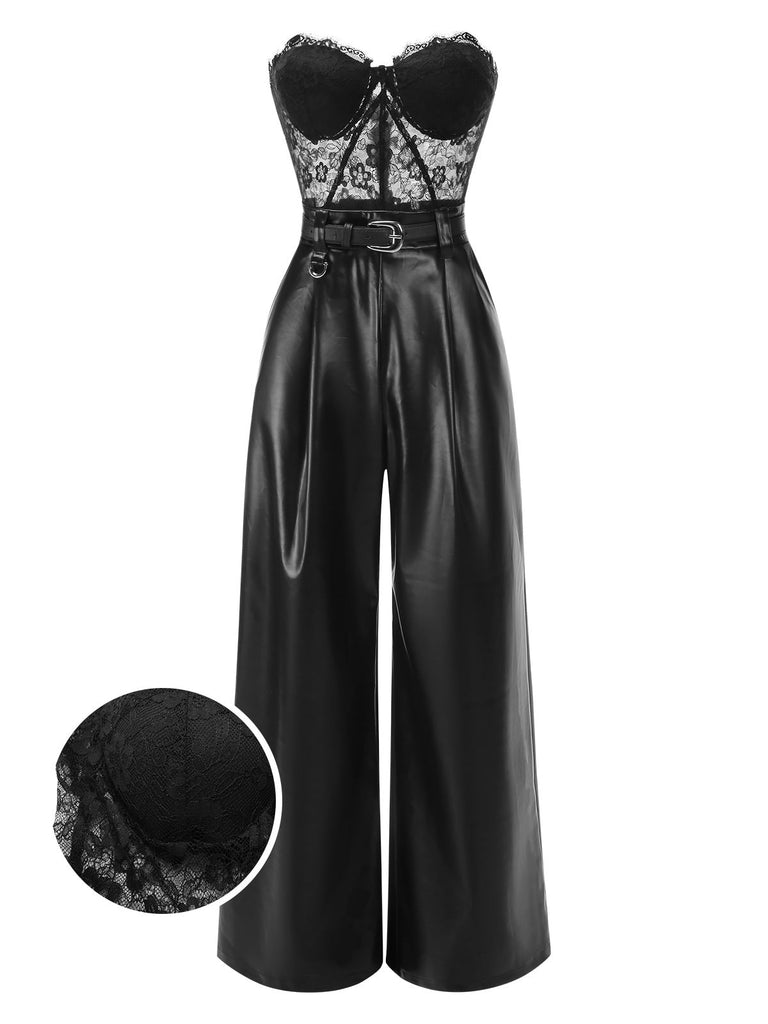 [Prévente] Combinaison bandeau noire en cuir et dentelle années 1930