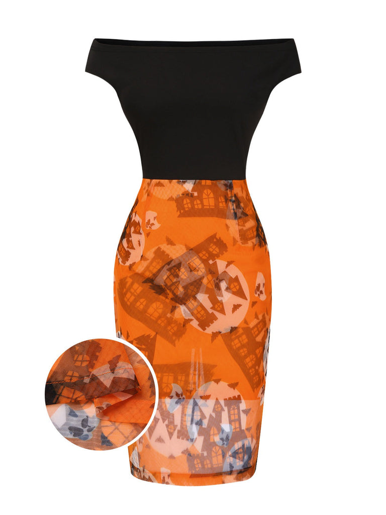 [Prévente] Robe orange et noire épaules dénudées motif château des années 1960