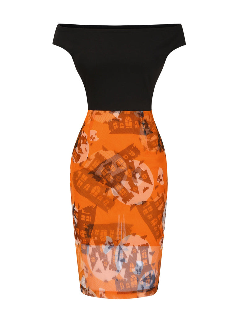 [Prévente] Robe orange et noire épaules dénudées motif château des années 1960