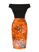 [Prévente] Robe orange et noire épaules dénudées motif château des années 1960