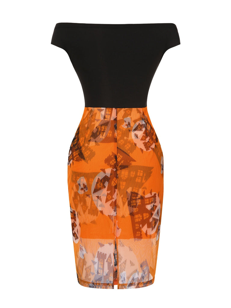 [Prévente] Robe orange et noire épaules dénudées motif château des années 1960