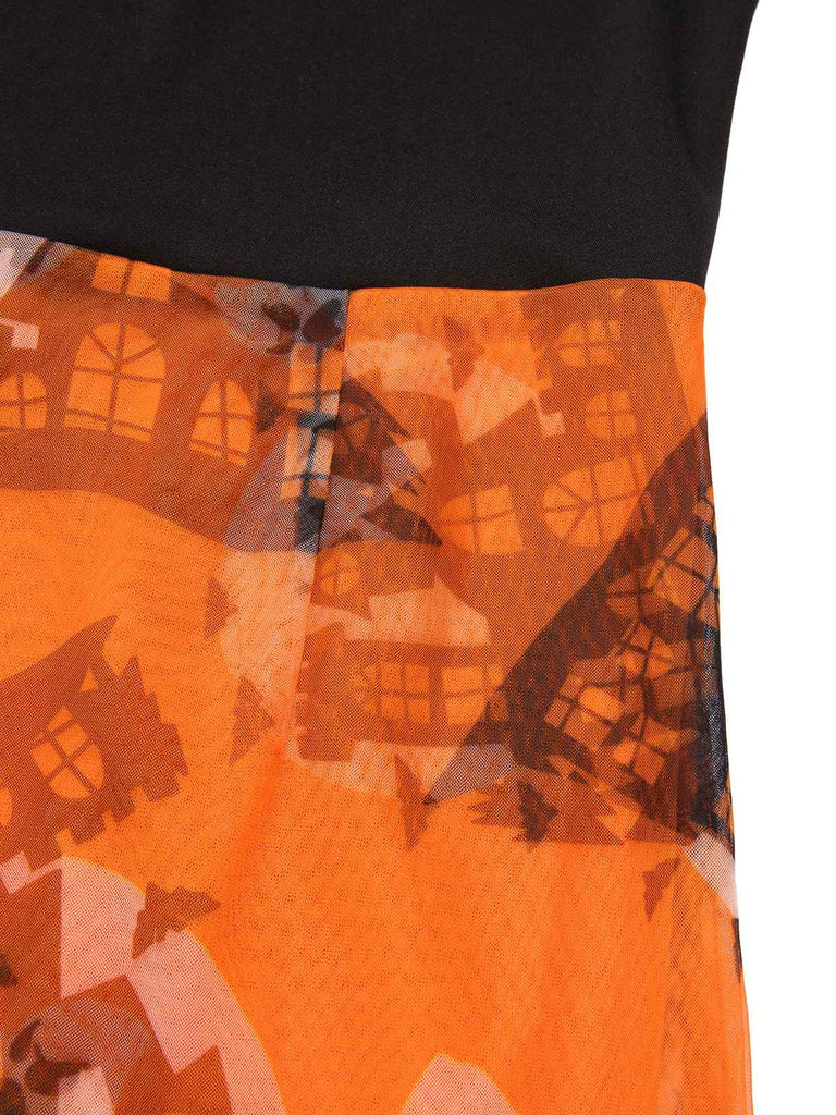 [Prévente] Robe orange et noire épaules dénudées motif château des années 1960