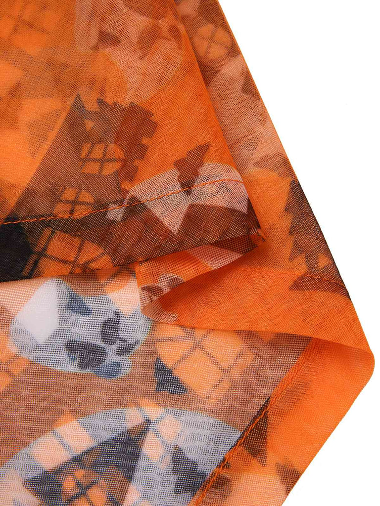 [Prévente] Robe orange et noire épaules dénudées motif château des années 1960