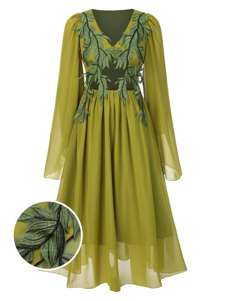 [Prévente] Robe en mousseline brodée style fée elfe vert jaune des années 1970