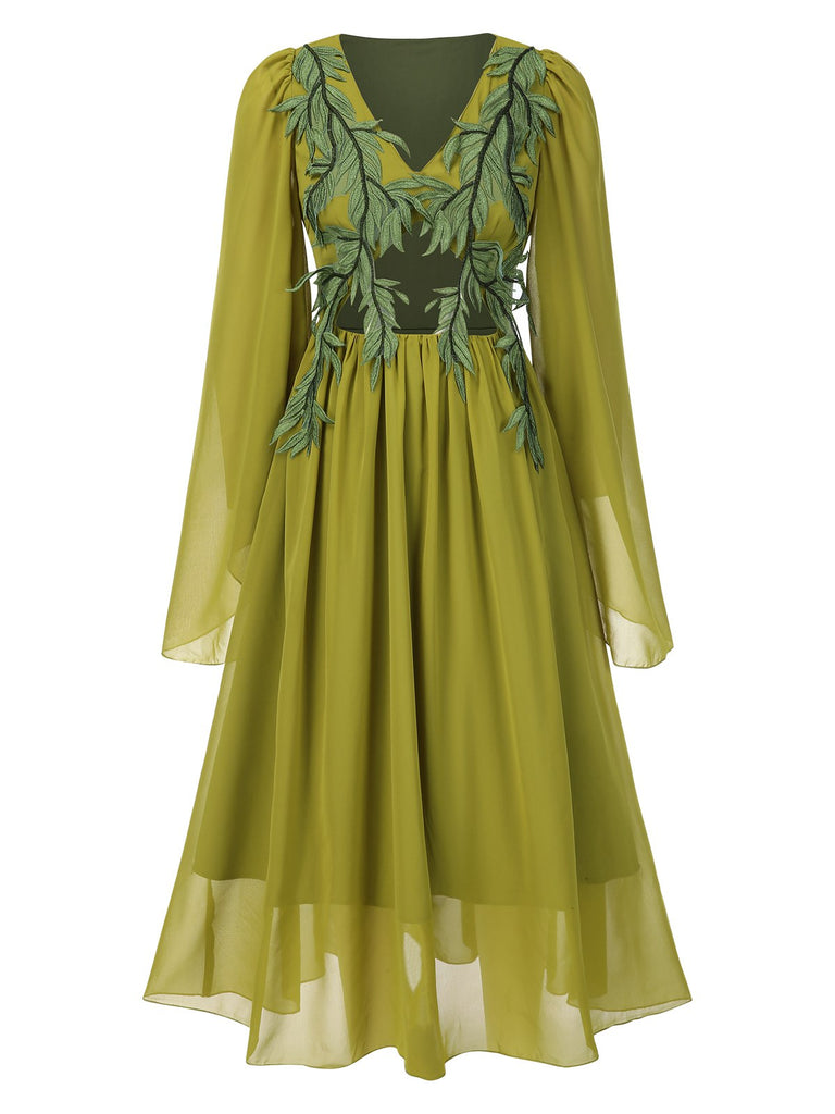 [Prévente] Robe en mousseline brodée style fée elfe vert jaune des années 1970