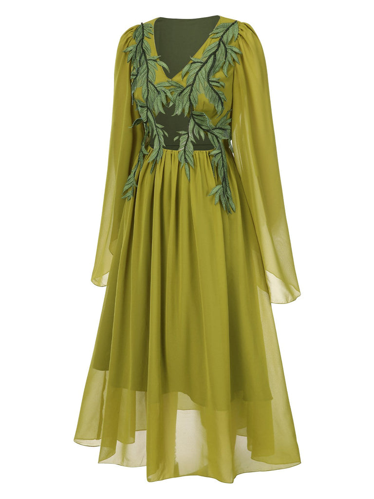 [Prévente] Robe en mousseline brodée style fée elfe vert jaune des années 1970