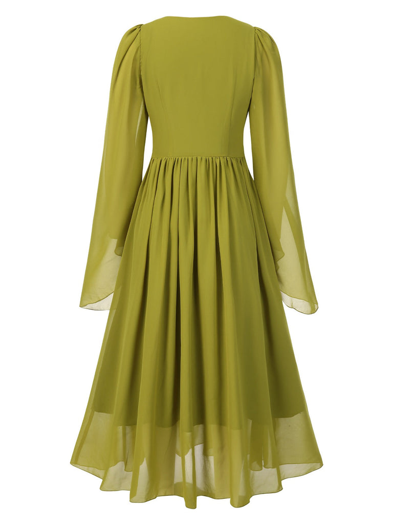 [Prévente] Robe en mousseline brodée style fée elfe vert jaune des années 1970