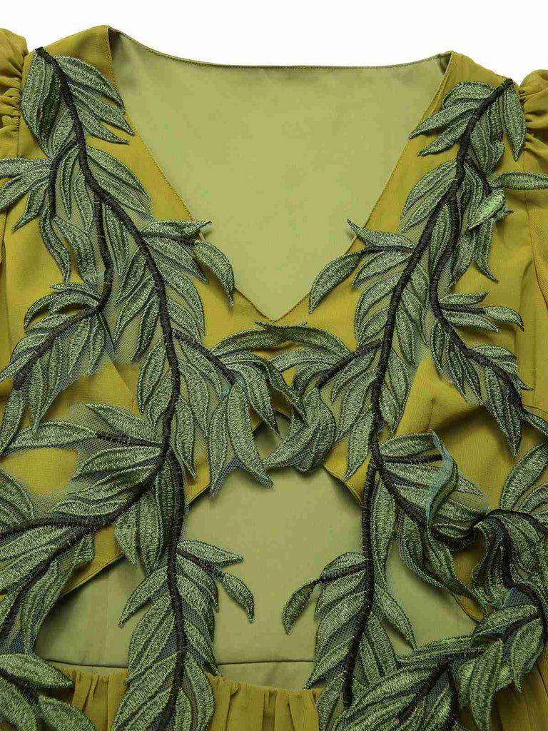 [Prévente] Robe en mousseline brodée style fée elfe vert jaune des années 1970