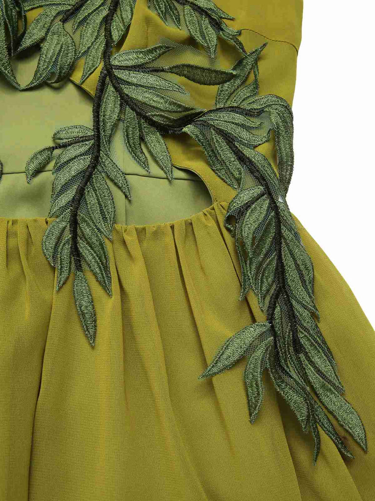 [Prévente] Robe en mousseline brodée style fée elfe vert jaune des années 1970