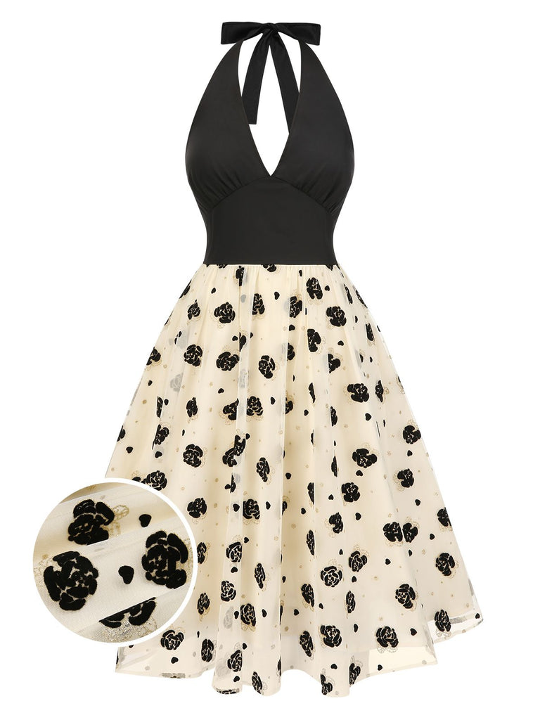[Prévente] Robe dos nu en maille roses floqué beige des années 1950